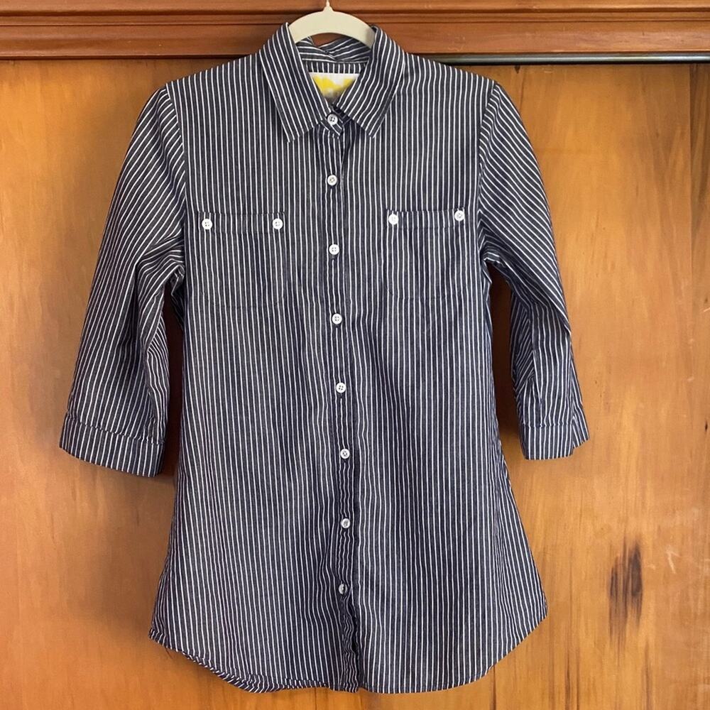 Michael Stars Gray White Striped Button Down Shirt Top Adjustable Sleeves Casual
